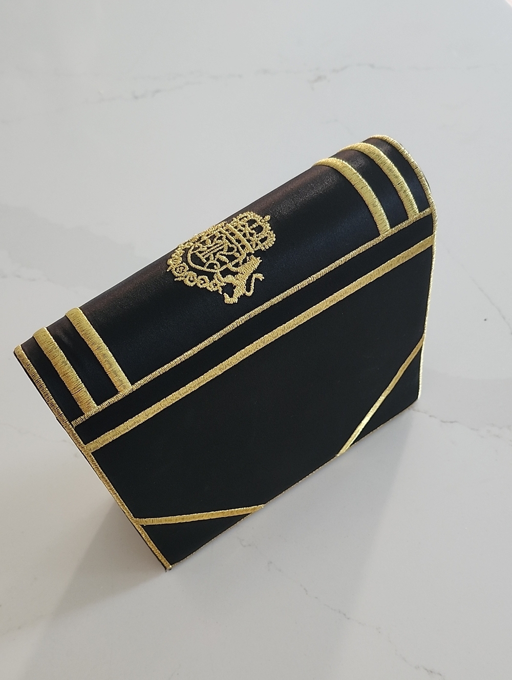 Ivana Black Satin Book Clutch with Gold Trim